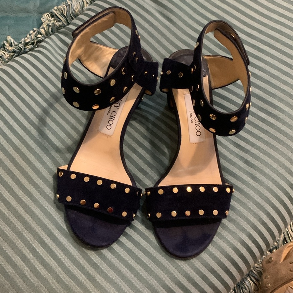 Jimmy Choo London Sandals Ankle Strap Heel Studs Suede Navy EU37/US 6 Authentic